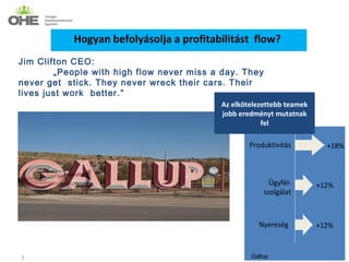 Hogyan befolyásolja a profitabilitást flow?
Jim Clifton CEO:
        „People with high flow never miss a day. They
never get stick. They never wreck their cars. Their
lives just work better. ”
                                           Az elkötelezettebb teamek
                                           jobb eredményt mutatnak
                                                       fel

                                                   Produktivitás         +18%



                                                          Ügyfél-      +12%
                                                        szolgálat



                                                     Nyereség          +12%



7                                                  Gallup
 