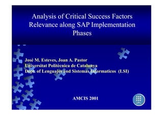 Analysis of Critical Success Factors
 Relevance along SAP Implementation
                Phases
                Ph


José M. Esteves, Joan A. Pastor
Universitat Politècnica de Catalunya
Dept. of Lenguajes and Sistemas Informaticos (LSI)
Dept




                      AMCIS 2001                     1
 