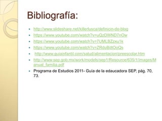 Bibliografía:
 http://www.slideshare.net/killerlusca/definicin-de-blog
 https://www.youtube.com/watch?v=uQzDWND7nOw
 https://www.youtube.com/watch?v=7UMLBZzxu1k
 https://www.youtube.com/watch?v=ZRduBdtOoQs
 http://www.guiainfantil.com/salud/alimentacion/preescolar.htm
 http://www.sep.gob.mx/work/models/sep1/Resource/635/1/images/M
anual_familia.pdf
 Programa de Estudios 2011- Guía de la edaucadora SEP, pág. 70,
73.
 