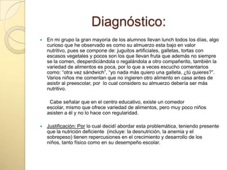 Diagnóstico:
 En mi grupo la gran mayoría de los alumnos llevan lunch todos los días, algo
curioso que he observado es como su almuerzo esta bajo en valor
nutritivo, pues se compone de: juguitos artificiales, galletas, tortas con
escasos vegetales y pocos son los que llevan fruta que además no siempre
se la comen, desperdiciándola o regalándola a otro compañerito, también la
variedad de alimentos es poca, por lo que a veces escucho comentarios
como: “otra vez sándwich”, “yo nada más quiero una galleta, ¿tú quieres?”.
Varios niños me comentan que no ingieren otro alimento en casa antes de
asistir al preescolar, por lo cual considero su almuerzo debería ser más
nutritivo.
Cabe señalar que en el centro educativo, existe un comedor
escolar, mismo que ofrece variedad de alimentos, pero muy poco niños
asisten a él y no lo hace con regularidad.
 Justificación: Por lo cual decidí abordar esta problemática, teniendo presente
que la nutrición deficiente (incluye: la desnutrición, la anemia y el
sobrepeso) tienen repercusiones en el crecimiento y desarrollo de los
niños, tanto físico como en su desempeño escolar.
 