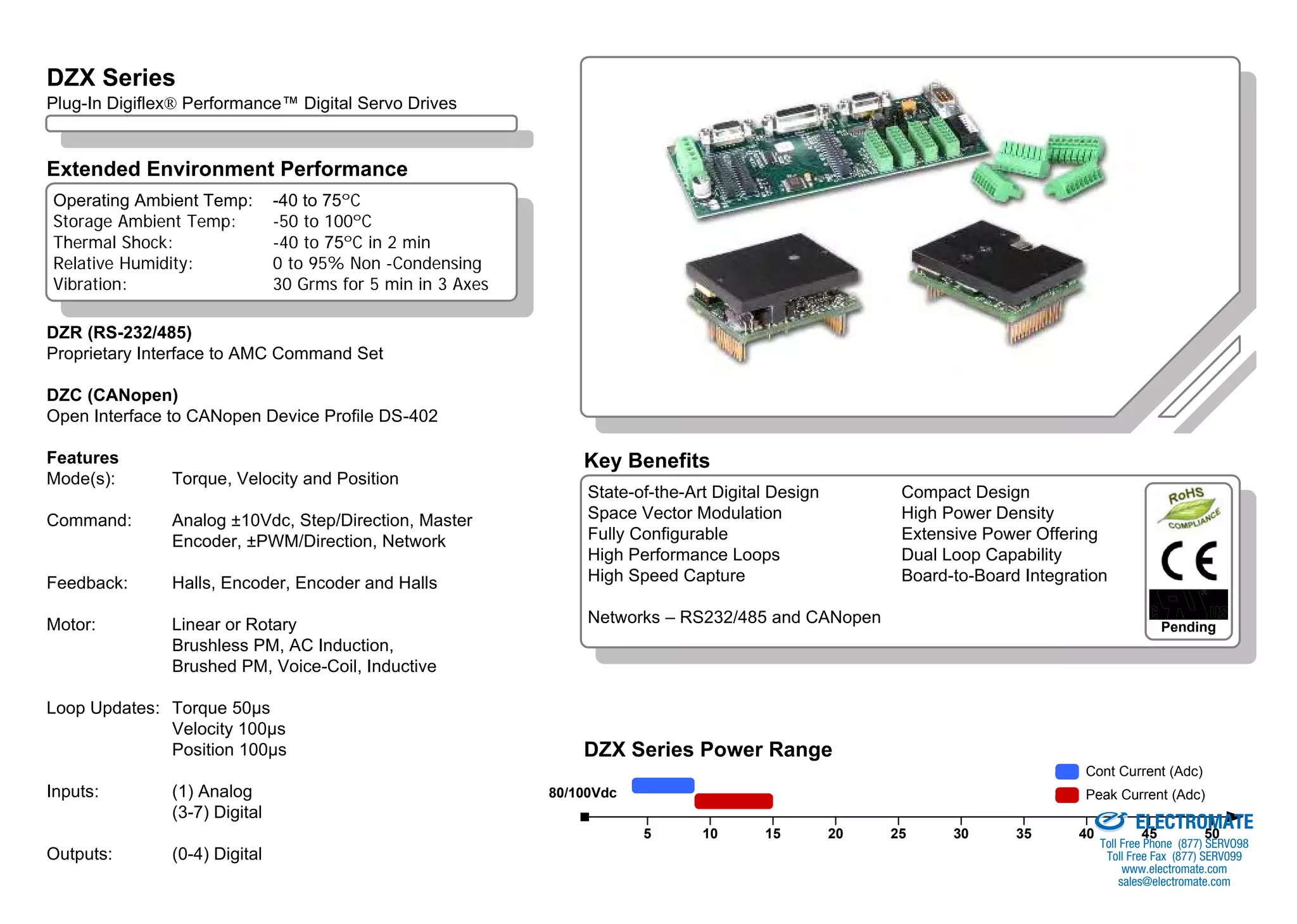 DZX Series Overview
DZX Series
Plug-In Digiflex® Performance™ Digital Servo Drives


Extended Environment Performance
Operating Ambient Temp:        -40 to 75ºC
Storage Ambient Temp:          -50 to 100ºC
Thermal Shock:                 -40 to 75ºC in 2 min
Relative Humidity:             0 to 95% Non -Condensing
Vibration:                     30 Grms for 5 min in 3 Axes

DZR (RS-232/485)
Proprietary Interface to AMC Command Set

DZC (CANopen)
Open Interface to CANopen Device Profile DS-402

Features                                                         Key Benefits
Mode(s):       Torque, Velocity and Position
                                                                  State-of-the-Art Digital Design         Compact Design
Command:       Analog ±10Vdc, Step/Direction, Master              Space Vector Modulation                 High Power Density
               Encoder, ±PWM/Direction, Network                   Fully Configurable                      Extensive Power Offering
                                                                  High Performance Loops                  Dual Loop Capability
Feedback:      Halls, Encoder, Encoder and Halls                  High Speed Capture                      Board-to-Board Integration

Motor:         Linear or Rotary                                   Networks – RS232/485 and CANopen                                                     Pending
               Brushless PM, AC Induction,
               Brushed PM, Voice-Coil, Inductive

Loop Updates: Torque 50µs
              Velocity 100µs
              Position 100µs                                     DZX Series Power Range
                                                                                                                                        Cont Current (Adc)
Inputs:        (1) Analog                                    80/100Vdc                                                                  Peak Current (Adc)
                                                                                                                             Sold & Serviced By:

               (3-7) Digital
                                                                         5       10      15         20   25     30      35             40
                                                                                                                                                   ELECTROMATE
                                                                                                                                                    45    50
                                                                                                                                            Toll Free Phone (877) SERVO98
Outputs:       (0-4) Digital                                                                                                                 Toll Free Fax (877) SERV099
                                                                                                                                                  www.electromate.com
                                                                                                                                                 sales@electromate.com
 