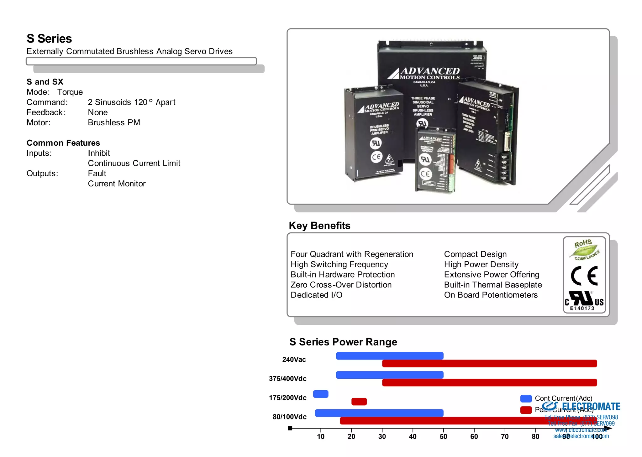 SSeries
S
  Series Overview
Externally Commutated Brushless Analog Servo Drives


S and SX
Mode: Torque
Command:     2 Sinusoids 120 º Apart
Feedback :   None
Motor:       Brushless PM

Common Features
Inputs:     Inhibit
            Continuous Current Limit
Outputs:    Fault
            Current Monitor




                                                           Key Benefits

                                                           Four Quadrant with Regeneration    Compact Design
                                                           High Switching Frequency           High Power Density
                                                           Built-in Hardware Protection       Extensive Power Offering
                                                           Zero Cross -Over Distortion        Built-in Thermal Baseplate
                                                           Dedicated I/O                      On Board Potentiometers




                                                           S Series Power Range
                                                         240Vac

                                                      375/400Vdc
                                                                                                                  Sold & Serviced By:
                                                      175/200Vdc                                                            Cont Current (Adc)
                                                                                                                                   ELECTROMATE
                                                                                                                            Peak Current (Adc)
                                                       80/100Vdc                                                             Toll Free Phone (877) SERVO98
                                                                                                                              Toll Free Fax (877) SERV099
                                                                                                                                   www.electromate.com
                                                                   10    20      30     40   50     60       70           80      sales@electromate.com
                                                                                                                                      90        100
 