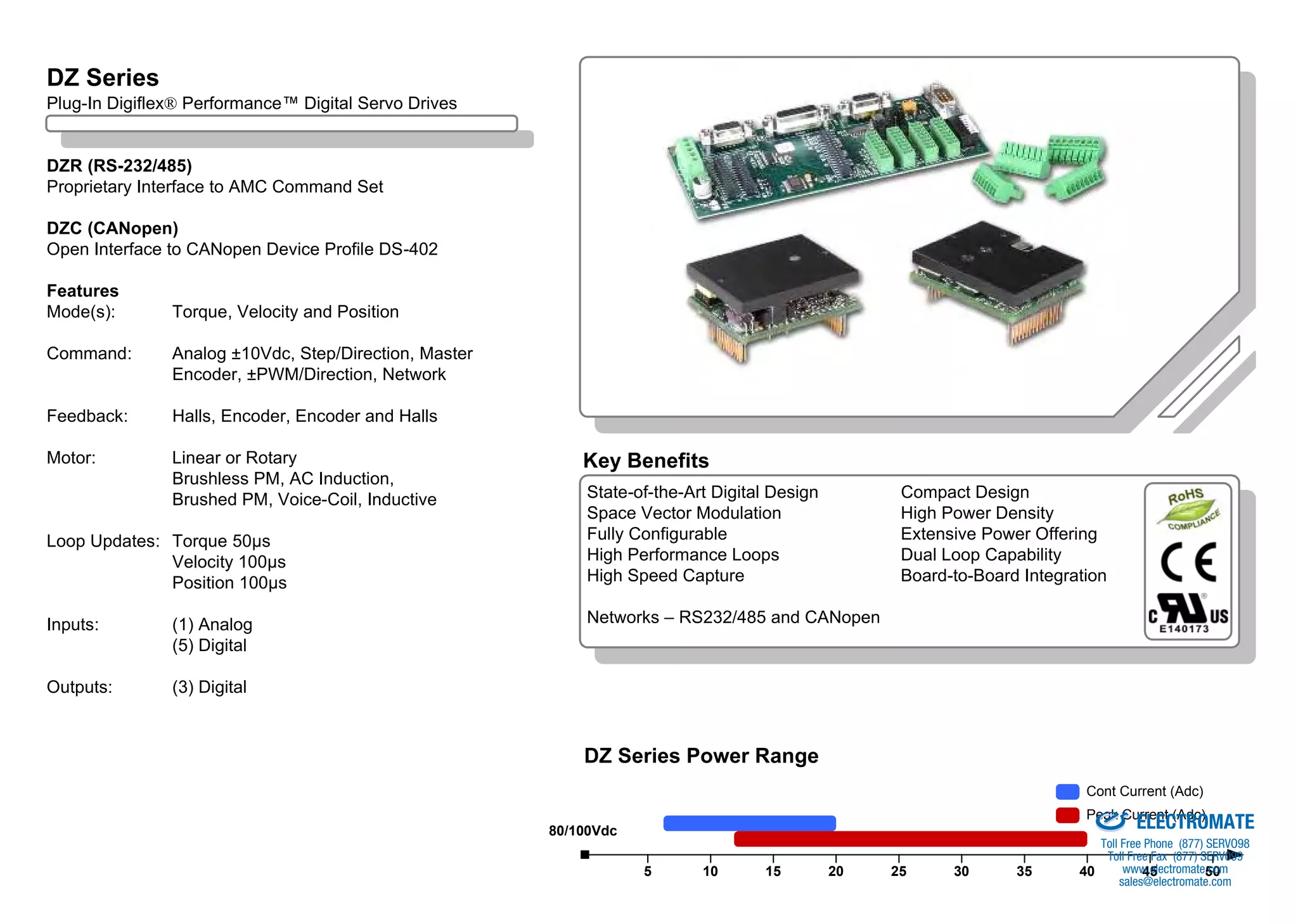 DZ Series Overview
DZ Series
Plug-In Digiflex® Performance™ Digital Servo Drives


DZR (RS-232/485)
Proprietary Interface to AMC Command Set

DZC (CANopen)
Open Interface to CANopen Device Profile DS-402

Features
Mode(s):       Torque, Velocity and Position

Command:       Analog ±10Vdc, Step/Direction, Master
               Encoder, ±PWM/Direction, Network

Feedback:      Halls, Encoder, Encoder and Halls

Motor:         Linear or Rotary                            Key Benefits
               Brushless PM, AC Induction,
               Brushed PM, Voice-Coil, Inductive           State-of-the-Art Digital Design         Compact Design
                                                           Space Vector Modulation                 High Power Density
Loop Updates: Torque 50µs                                  Fully Configurable                      Extensive Power Offering
              Velocity 100µs                               High Performance Loops                  Dual Loop Capability
              Position 100µs                               High Speed Capture                      Board-to-Board Integration

Inputs:        (1) Analog                                  Networks – RS232/485 and CANopen
               (5) Digital

Outputs:       (3) Digital



                                                           DZ Series Power Range
                                                                                                                                 Cont Current (Adc)
                                                                                                                      Sold & Serviced By:



                                                       80/100Vdc                                                                            ELECTROMATE
                                                                                                                                 Peak Current (Adc)

                                                                                                                                  Toll Free Phone (877) SERVO98
                                                                                                                                   Toll Free Fax (877) SERV099
                                                                   5      10      15         20   25     30      35            40       www.electromate.com
                                                                                                                                            45          50
                                                                                                                                       sales@electromate.com
 