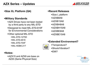AZX Series – Updates

 Size XL Platform (Q4)                Recent Releases
                                        Size L platform
 Military Standards                     AZXB8A8
   AZX Drives have not been tested      AZXB15A8
   by a third party to any MIL-STD      AZXBH8A8
   Designed to meet MIL-STD-810F        AZXBH15A8
   for Environmental Considerations     AZXBE8A8
   Other optional MIL-STD               AZXBE15A8
      MIL-STD-1275D
      MIL-STD-461E
      MIL-STD-704F
                                      Extended Environment?
      MIL-HDBK-217                      Temperature?
                                        Shock/Vibration?
                                        EMI?
 Notes:
   AZX15 and AZX8 are base on                              Sold & Serviced By:




   AZ20 (Same Physical Size)                                          Toll Free Phone: 877-378-0240
                                                                       Toll Free Fax: 877-378-0249
                                                                           sales@servo2go.com
                                                                             www.servo2go.com
 