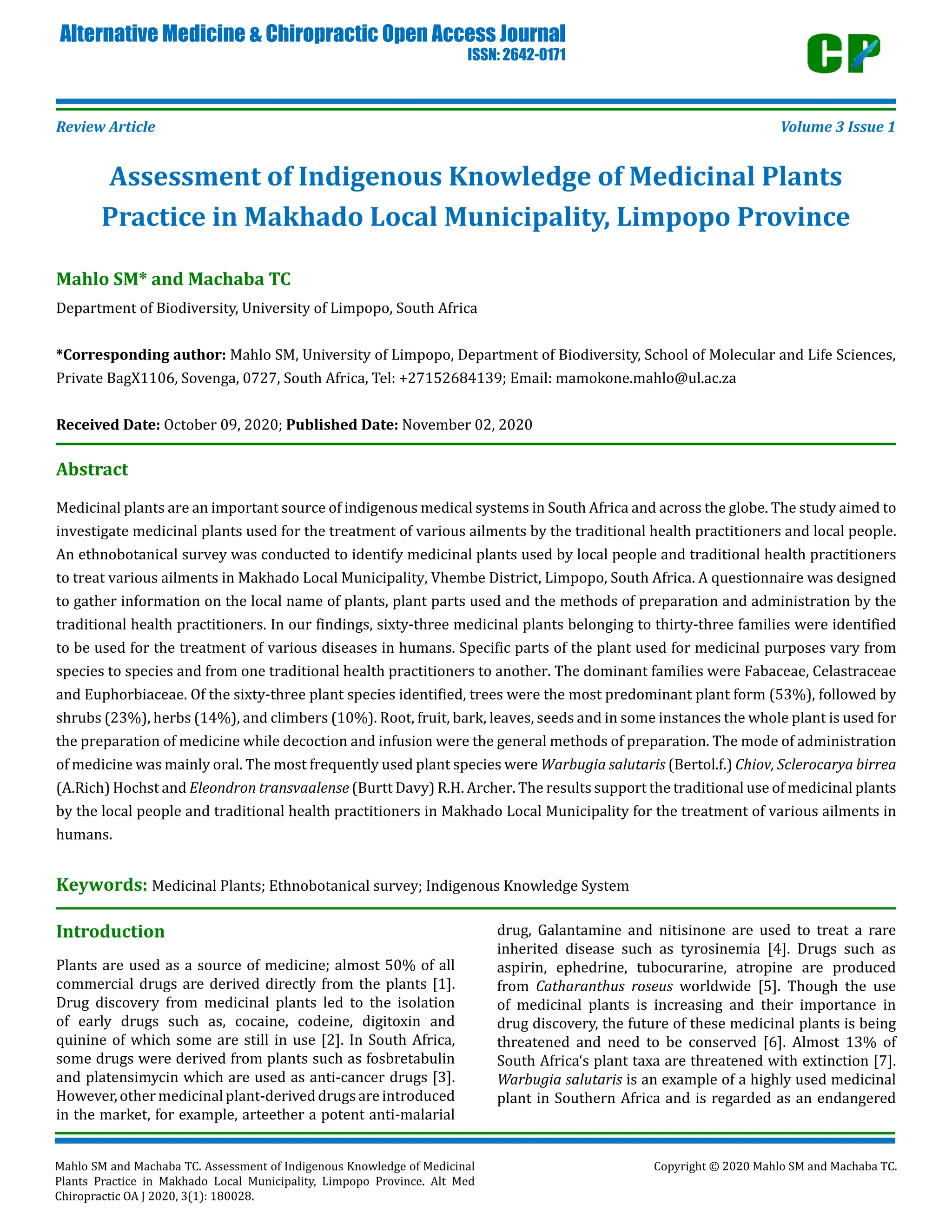 Assessment of Indigenous Knowledge of Medicinal Plants Practice in ...
