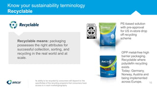 Recyclable means: packaging
possesses the right attributes for
successful collection, sorting, and
recycling in the real world and at
scale.
Its ability to be recycled by consumers will depend on the
specificities of the recycling programs that consumers have
access to in each market/geography.
PE-based solution
with pre-approval
for US in-store drop
off recycling
scheme
OPP metal-free high
barrier packaging.
Recyclable where
polyolefin recycling
exists
Today: Germany,
Norway, Austria and
being implemented
across Europe.
Know your sustainability terminology
Recyclable
16
 