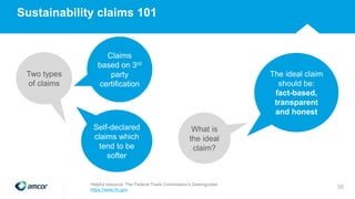 Sustainability claims 101
Two types
of claims
Claims
based on 3rd
party
certification
What is
the ideal
claim?
The ideal claim
should be:
fact-based,
transparent
and honest
38
Helpful resource: The Federal Trade Commission's Greenguides
https://www.ftc.gov
Self-declared
claims which
tend to be
softer
 