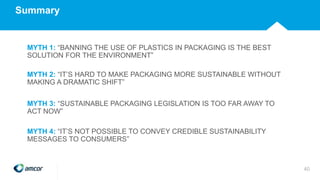 MYTH 4: “IT’S NOT POSSIBLE TO CONVEY CREDIBLE SUSTAINABILITY
MESSAGES TO CONSUMERS”
MYTH 3: “SUSTAINABLE PACKAGING LEGISLATION IS TOO FAR AWAY TO
ACT NOW”
MYTH 2: “IT’S HARD TO MAKE PACKAGING MORE SUSTAINABLE WITHOUT
MAKING A DRAMATIC SHIFT”
MYTH 1: “BANNING THE USE OF PLASTICS IN PACKAGING IS THE BEST
SOLUTION FOR THE ENVIRONMENT”
Summary
40
 