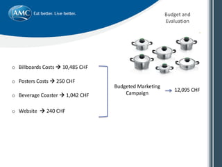 Budget and
Evaluation
o Billboards Costs  10,485 CHF
o Posters Costs  250 CHF
o Beverage Coaster  1,042 CHF
o Website  240 CHF
Budgeted Marketing
Campaign
12,095 CHF
 