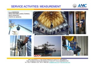 SERVICE ACTIVITIES: MEASUREMENT
e.g. of SERVICE:
MOLE ANTONELLIANA (TORINO)
BIGO (GENOVA)
PORTO DI GENOVA




                           AMC Instruments s.r.l. Spin Off del Politecnico di Torino P.I. 09612820010
                       Sede: Incubatore di Imprese del Politecnico di Torino I3P Corso Castelfidardo 30/A
                    Tel: +39 011 0903205 Fax: +39 011 0905126 info@aemmeci.com www.aemmeci.com
 