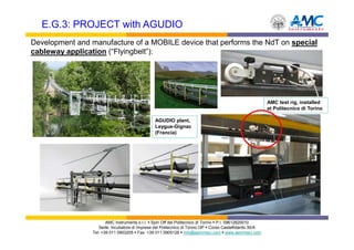 E.G.3: PROJECT with AGUDIO
Development and manufacture of a MOBILE device that performs the NdT on special
cableway application (“Flyingbelt”):




                                                                                                         AMC test rig, installed
                                                                                                         at Politecnico di Torino

                                                AGUDIO plant,
                                                Leygue-Gignac
                                                (Francia)




                        AMC Instruments s.r.l. Spin Off del Politecnico di Torino P.I. 09612820010
                    Sede: Incubatore di Imprese del Politecnico di Torino I3P Corso Castelfidardo 30/A
                 Tel: +39 011 0903205 Fax: +39 011 0905126 info@aemmeci.com www.aemmeci.com
 
