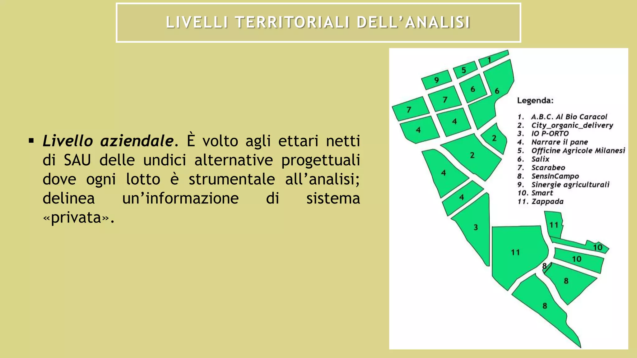 LIVELLI TERRITORIALI DELL’ANALISI
 Livello aziendale. È volto agli ettari netti
di SAU delle undici alternative progettuali
dove ogni lotto è strumentale all’analisi;
delinea un’informazione di sistema
«privata».
 