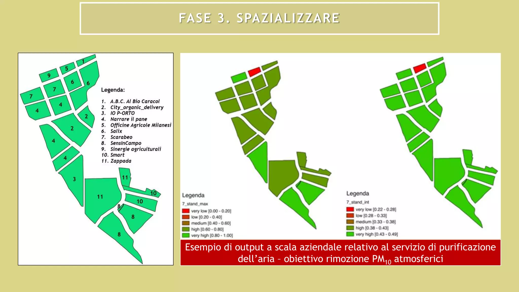 FASE 3. SPAZIALIZZARE
Esempio di output a scala aziendale relativo al servizio di purificazione
dell’aria – obiettivo rimozione PM10 atmosferici
 