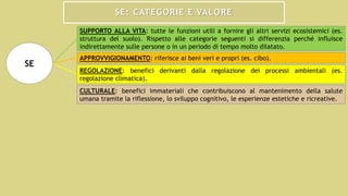 SE: CATEGORIE E VALORE
SUPPORTO ALLA VITA: tutte le funzioni utili a fornire gli altri servizi ecosistemici (es.
struttura del suolo). Rispetto alle categorie seguenti si differenzia perché influisce
indirettamente sulle persone o in un periodo di tempo molto dilatato.
APPROVVIGIONAMENTO: riferisce ai beni veri e propri (es. cibo).
REGOLAZIONE: benefici derivanti dalla regolazione dei processi ambientali (es.
regolazione climatica).
CULTURALE: benefici immateriali che contribuiscono al mantenimento della salute
umana tramite la riflessione, lo sviluppo cognitivo, le esperienze estetiche e ricreative.
SE
 