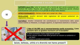 SE: CATEGORIE E VALORE
SUPPORTO ALLA VITA: tutte le funzioni utili a fornire gli altri servizi ecosistemici (es.
struttura del suolo). Rispetto alle categorie seguenti si differenzia perché influisce
indirettamente sulle persone o in un periodo di tempo molto dilatato.
APPROVVIGIONAMENTO: riferisce ai beni veri e propri (es. cibo).
REGOLAZIONE: benefici derivanti dalla regolazione dei processi ambientali (es.
regolazione climatica).
CULTURALE: benefici immateriali che contribuiscono al mantenimento della salute
umana tramite la riflessione, lo sviluppo cognitivo, le esperienze estetiche e ricreative.
SE
L’idea di VALORE non è necessariamente quella economica. Come
possiamo dare un giudizio monetario all’invalutabile?
Il valore economico risulta inappropriato perché:
 non cattura i diversi modi delle persone nel valutare un ambiente e i
vari beni;
 tralascia considerazioni etiche.
Salute, bellezza, utilità e/o diversità non hanno prezzo!!!
 