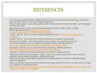 REFERENCES
• Anchorage School District. (2005, Sept). Social and emotional learning: standards
and benchmarks for the ASD. Retrieved from
http://smhp.psych.ucla.edu/pdfdocs/SEL standards and benchmarks _anchorage
school dist_.pdf
• Background on social and emotional learning (sel). (2007, Dec). CASEL
Briefs, Retrieved from http://casel.org/wp-
content/uploads/SELCASELbackground.pdf
• CASEL. (2013). Why it matters [Web]. Retrieved from http://casel.org/why-it-
matters/
• CASEL. (2013). Social and emotional learning standards [handout].
• Davidson, R. (2007). The heart-brain connection: the neuroscience of
social, emotional, and academic learning [Web]. Retrieved from
http://www.edutopia.org/richard-davidson-sel-brain-video
• Edutopia. (2013). Social and emotional learning. Retrieved from
http://www.edutopia.org/social-emotional-learning
• Johnson, K (2013). Personal interview at CCPA in Oakland, CA.
• Oakland Unified School District. (2011, Dec 16). Ousd selected to join national
collaborating districts initiative. Retrieved from
http://www.thrivingstudents.org/35/ousd-selected-join-national-collaborating-
districts-initiative
• Stern, R. (2013). Social and emotional learning: what is it? how can we use it to help
our children?. Retrieved from
http://www.aboutourkids.org/articles/social_emotional_learning_what_it_how_can
_we_use_it_help_our_children
 