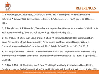 Department of Electronics & Communication Engineering, MIT, Manipal
REFERENCES
[1] S. Movassaghi, M. Abolhasan, J. Lipman, D. Smith, and A. Jamalipour, "Wireless Body Area
Networks: A Survey," IEEE Communications Surveys & Tutorials, vol. 16, no. 3, pp. 1658-1686, Jan.
2014.
[2] A. Darwish and A. E. Hassanien, "Wearable and Implantable Wireless Sensor Network Solutions for
Healthcare Monitoring," Sensors, vol. 11, no. 6, pp. 5561-5595, May 2011.​
[3] J. F. Zhao, X. M. Chen, B. D. Liang, and Q. X. Chen, "A Review on Human Body Communication:
Signal Propagation Model, Communication Performance, and Experimental Issues," Wireless
Communications and Mobile Computing, vol. 2017, Article ID 5842310, pp. 1-15, Oct. 2017.​
[4] J. E. Ferguson and A. D. Redish, "Wireless Communication with Implanted Medical Devices Using
the Conductive Properties of the Body," Expert Review of Medical Devices, vol. 8, no. 4, pp. 427-433,
Jul. 2011.​
[5] D. Das, S. Maity, B. Chatterjee, and S. Sen, "Enabling Covert Body Area Network Using Electro-
Quasistatic Human Body Communication," Scientific Reports, vol. 9, Article 4160, pp. 1-13, Mar. 2019.​
 