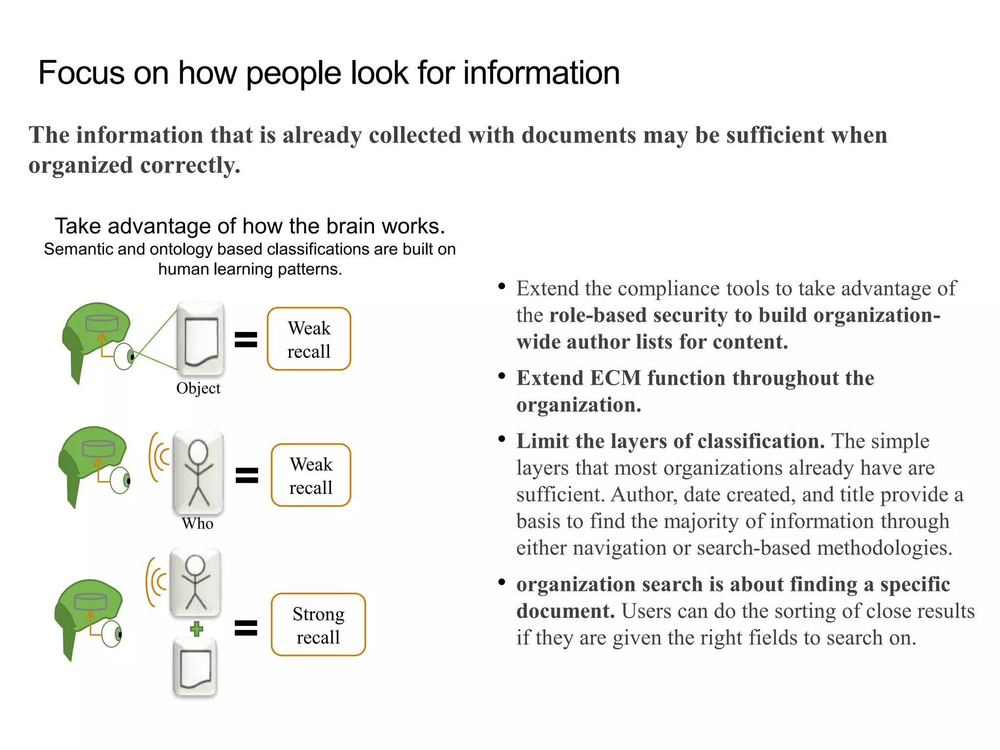 The information that is already collected with documents may be sufficient when
organized correctly.
Focus on how people look for information
• Extend the compliance tools to take advantage of
the role-based security to build organization-
wide author lists for content.
• Extend ECM function throughout the
organization.
• Limit the layers of classification. The simple
layers that most organizations already have are
sufficient. Author, date created, and title provide a
basis to find the majority of information through
either navigation or search-based methodologies.
• organization search is about finding a specific
document. Users can do the sorting of close results
if they are given the right fields to search on.
Take advantage of how the brain works.
Semantic and ontology based classifications are built on
human learning patterns.
Weak
recall
Weak
recall
Strong
recall
Object
Who
=
=
=
 