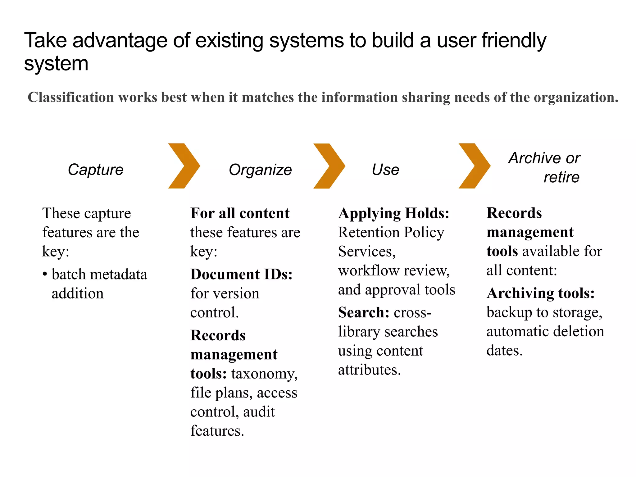 Take advantage of existing systems to build a user friendly
system
Classification works best when it matches the information sharing needs of the organization.
These capture
features are the
key:
• batch metadata
addition
For all content
these features are
key:
Document IDs:
for version
control.
Records
management
tools: taxonomy,
file plans, access
control, audit
features.
Applying Holds:
Retention Policy
Services,
workflow review,
and approval tools
Search: cross-
library searches
using content
attributes.
Records
management
tools available for
all content:
Archiving tools:
backup to storage,
automatic deletion
dates.
Capture Organize Use
Archive or
retire
 
