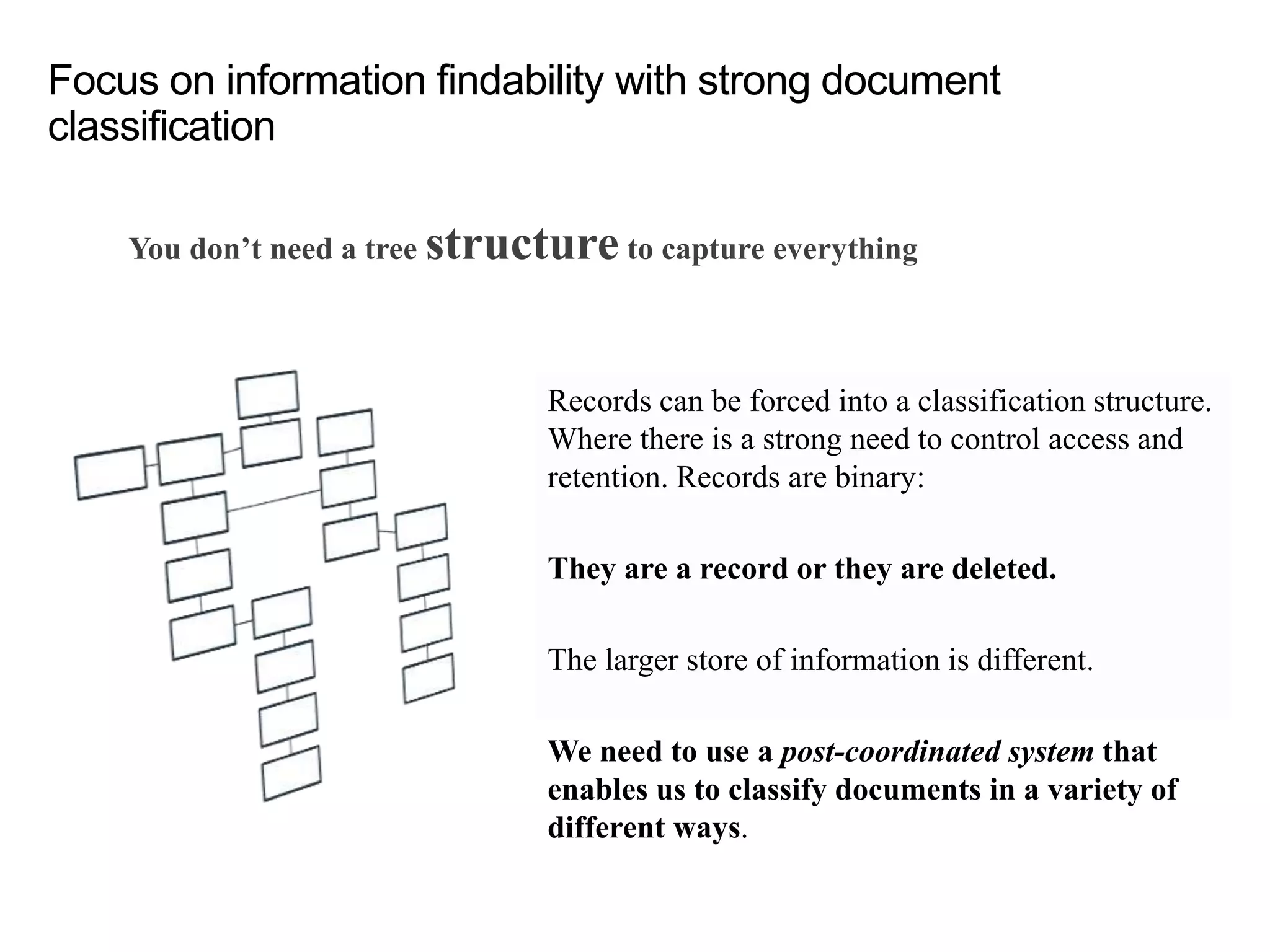 Focus on information findability with strong document
classification
You don’t need a tree structure to capture everything
Records can be forced into a classification structure.
Where there is a strong need to control access and
retention. Records are binary:
They are a record or they are deleted.
The larger store of information is different.
We need to use a post-coordinated system that
enables us to classify documents in a variety of
different ways.
 
