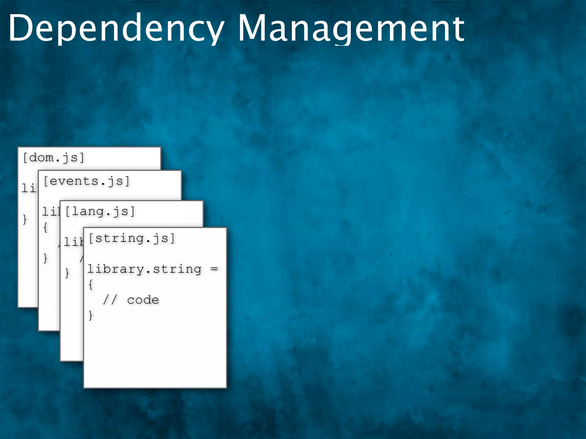 Dependency Management


[dom.js]
   [events.js]
library.dom = {
  // code
      [lang.js]
   library.events =
}
   {
         [string.js]
      library.lang = {
     // code
   }    // code
      } library.string =
         {
           // code
         }
 