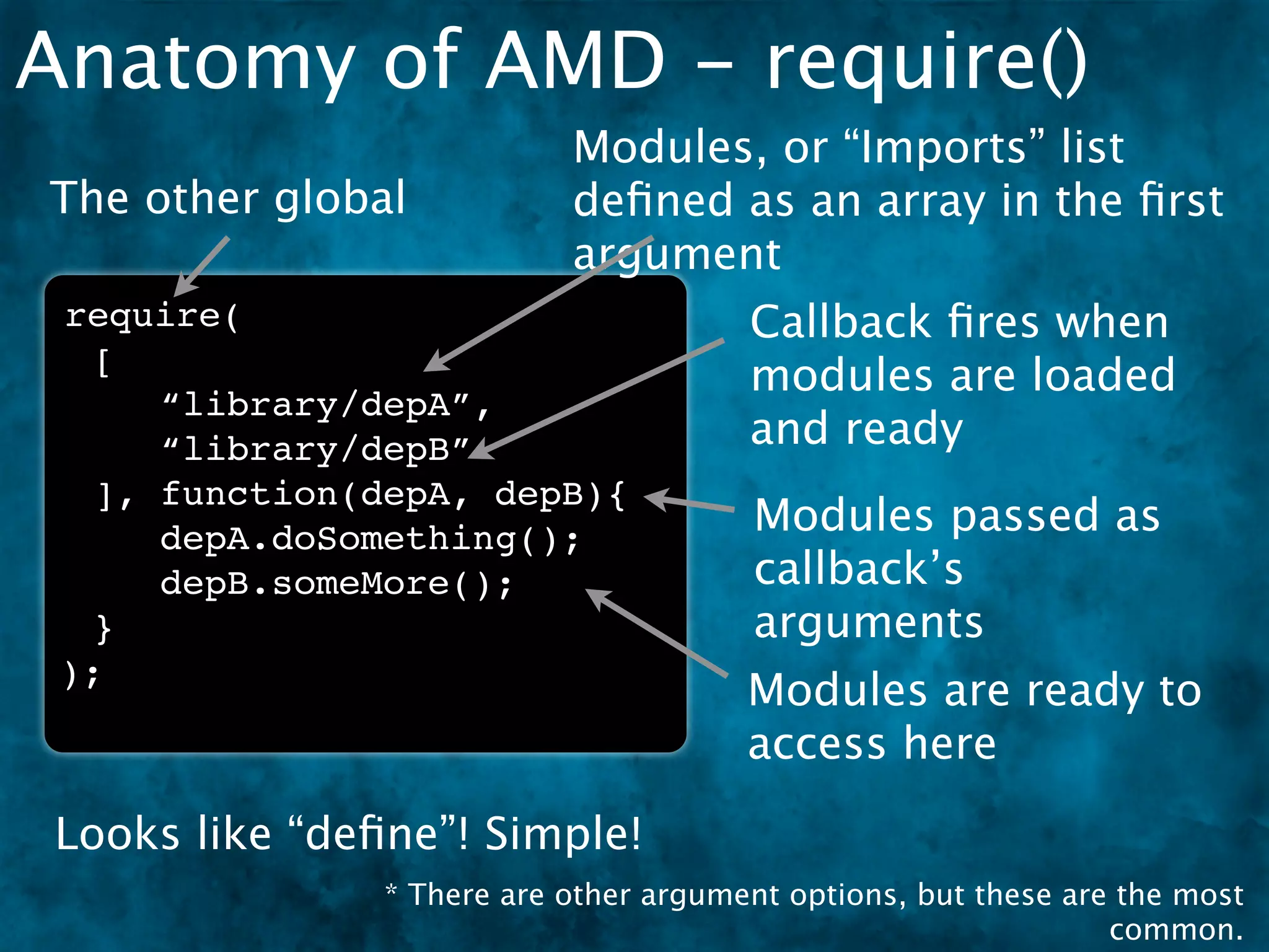Anatomy of AMD - require()
                           Modules, or “Imports” list
The other global           deﬁned as an array in the ﬁrst
                           argument
 require(                              Callback ﬁres when
  [
                                       modules are loaded
     “library/depA”,
     “library/depB”                    and ready
  ], function(depA, depB){
     depA.doSomething();               Modules passed as
     depB.someMore();                  callback’s
  }                                    arguments
 );
                                       Modules are ready to
                                       access here

Looks like “deﬁne”! Simple!
               * There are other argument options, but these are the most
                                                                common.
 