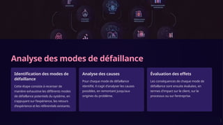 Analyse des modes de défaillance
Identification des modes de
défaillance
Cette étape consiste à recenser de
manière exhaustive les différents modes
de défaillance potentiels du système, en
s'appuyant sur l'expérience, les retours
d'expérience et les référentiels existants.
Analyse des causes
Pour chaque mode de défaillance
identifié, il s'agit d'analyser les causes
possibles, en remontant jusqu'aux
origines du problème.
Évaluation des effets
Les conséquences de chaque mode de
défaillance sont ensuite évaluées, en
termes d'impact sur le client, sur le
processus ou sur l'entreprise.
 