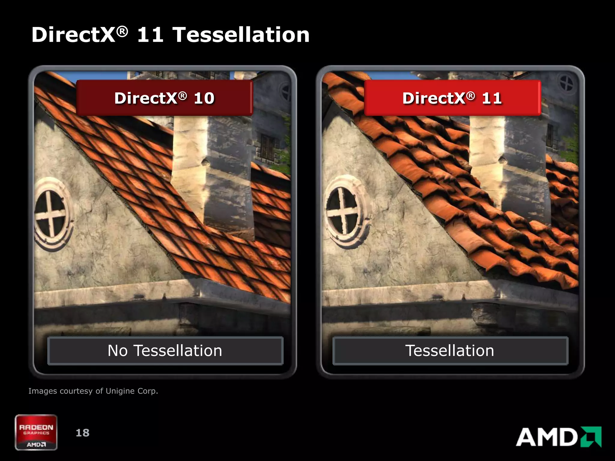 DirectX® 11 Tessellation


                     DirectX® 10     DirectX® 11




                   No Tessellation   Tessellation

Images courtesy of Unigine Corp.




           18
 