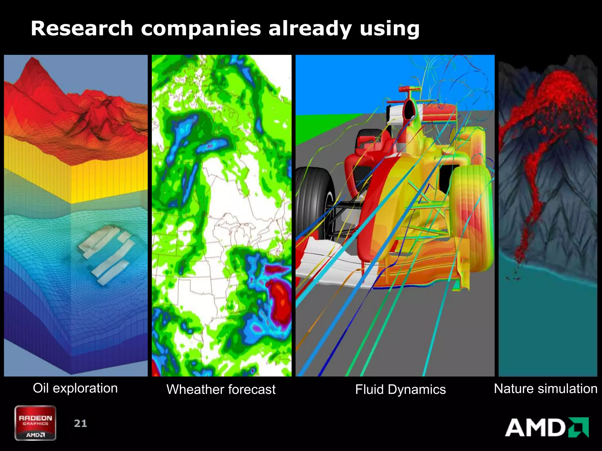 Research companies already using




Oil exploration   Wheather forecast   Fluid Dynamics   Nature simulation

       21
 