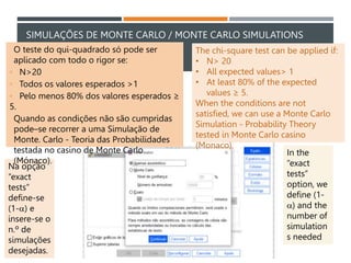 SIMULAÇÕES DE MONTE CARLO / MONTE CARLO SIMULATIONS
Na opção
“exact
tests”
define-se
(1-a) e
insere-se o
n.º de
simulações
desejadas.
In the
“exact
tests”
option, we
define (1-
a) and the
number of
simulation
s needed
The chi-square test can be applied if:
• N> 20
• All expected values> 1
• At least 80% of the expected
values ​​≥ 5.
When the conditions are not
satisfied, we can use a Monte Carlo
Simulation - Probability Theory
tested in Monte Carlo casino
(Monaco).
O teste do qui-quadrado só pode ser
aplicado com todo o rigor se:
▫ N>20
▫ Todos os valores esperados >1
▫ Pelo menos 80% dos valores esperados ≥
5.
Quando as condições não são cumpridas
pode–se recorrer a uma Simulação de
Monte. Carlo - Teoria das Probabilidades
testada no casino de Monte Carlo
(Mónaco).
 