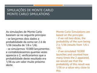 SIMULAÇÕES DE MONTE CARLO
MONTE CARLO SIMULATIONS
As simulações de Monte Carlo
baseiam-se no seguinte princípio:
- se lançarmos dois dados a
probabilidade da soma ser 2 é de
1/36 (resulta de 1/6 x 1/6).
- se simularmos 10.000 lançamentos
e contabilizássemos quantas vezes
aparecia o 2, verificaríamos que a
probabilidade deste resultado era
1/36 ou um valor muito próximo
deste.
Monte Carlo Simulations are
based on the principle:
- if we roll two dices, the
probability of the sum being
2 is 1/36 (results from 1/6 x
1/6).
- if we simulated 10,000
launches and counted how
many times the 2 appeared,
we would see that the
probability of this result was
1/36 or a value very close to
this.
 