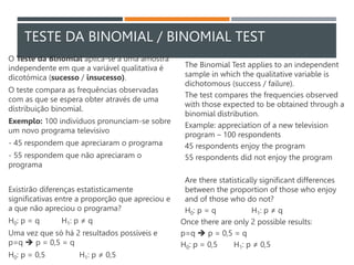 TESTE DA BINOMIAL / BINOMIAL TEST
O Teste da Binomial aplica-se a uma amostra
independente em que a variável qualitativa é
dicotómica (sucesso / insucesso).
O teste compara as frequências observadas
com as que se espera obter através de uma
distribuição binomial.
Exemplo: 100 indivíduos pronunciam-se sobre
um novo programa televisivo
- 45 respondem que apreciaram o programa
- 55 respondem que não apreciaram o
programa
Existirão diferenças estatisticamente
significativas entre a proporção que apreciou e
a que não apreciou o programa?
H0: p = q H1: p ≠ q
Uma vez que só há 2 resultados possíveis e
p=q  p = 0,5 = q
H0: p = 0,5 H1: p ≠ 0,5
The Binomial Test applies to an independent
sample in which the qualitative variable is
dichotomous (success / failure).
The test compares the frequencies observed
with those expected to be obtained through a
binomial distribution.
Example: appreciation of a new television
program – 100 respondents
45 respondents enjoy the program
55 respondents did not enjoy the program
Are there statistically significant differences
between the proportion of those who enjoy
and of those who do not?
H0: p = q H1: p ≠ q
Once there are only 2 possible results:
p=q  p = 0,5 = q
H0: p = 0,5 H1: p ≠ 0,5
 