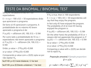 TESTE DA BINOMIAL / BINOMIAL TEST
Se H0 for verdadeira então em 100
espectadores:
E = n x p = 100 x 0,5 = 50 espectadores dirão
que apreciaram o programa.
De facto só 45 apreciaram o programa. A
probabilidade de no máximo 45 terem
apreciado o programa é de:
P (x<45) = cdf.binom (45, 100, 0.5) = 0,184
Por outro lado a probabilidade de 55 ou +
espectadores não terem apreciado o programa
é: P (x>55) = 1 – cdf.binom (54, 100, 0.5) =
0,184
Então: p-value = 2*P(x<45)=0,368
or p-value =2*P(x>55)=0,368
Comparando p-value com a (0,05) opta-se por
não rejeitar H0.
If H0 is true, then in 100 respondents:
E = n x p = 100 x 0,5 = 50 respondentes will
say that they enjoy the program.
In fact only 45 have enjoyed the program.
The probability of of at most 45 having
enjoyed the program is:
P (x<45) = cdf.binom (45, 100, 0.5) = 0,184
On the other hand, the probability of 55 or +
viewers did not appreciate the program is: P
(x>55) = 1 – cdf.binom (54, 100, 0.5) = 0,184
So p-value = 2*P(x<45)=0,368
or p-value =2*P(x>55)=0,368
Comparing p-value with a (0,05) we decide
not to reject H0.








a
i
i
n
i
i
n
a q
p
C
a
x
P
valor
p 0
)
(
Se/if H0: p=0,5 teste bilateral / 2 tie test
Se/if H0: p≥a (0,5)teste unilateral / 1 tie test
𝑝 = 𝑥 𝑛
Proporção amostral / Sample proportion:
 