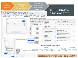 TESTE BINOMIAL
BINOMIAL TEST
Decisão: como p-valor>a, não se rejeita H0.
Analisar
Analyze
Comparar
Médias
Compare Means
Proporção de
uma amostra
One Sample
proportion
 