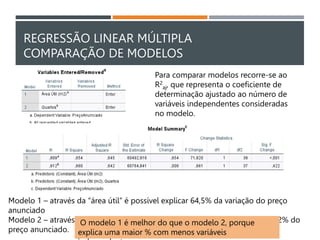 REGRESSÃO LINEAR MÚLTIPLA
COMPARAÇÃO DE MODELOS
Para comparar modelos recorre-se ao
R2
aj, que representa o coeficiente de
determinação ajustado ao número de
variáveis independentes consideradas
no modelo.
Modelo 1 – através da “área útil” é possível explicar 64,5% da variação do preço
anunciado
Modelo 2 – através das variáveis “área útil” e “quartos” é possível explicar 64,2% do
preço anunciado.
O modelo 1 é melhor do que o modelo 2, porque
explica uma maior % com menos variáveis
 