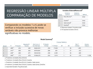 REGRESSÃO LINEAR MÚLTIPLA
COMPARAÇÃO DE MODELOS
Comparando os modelos 1 a 4, pode-se
verificar a inclusão sucessiva de novas
variáveis não provoca melhorias
significativas no modelo.
 