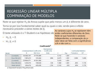 REGRESSÃO LINEAR MÚLTIPLA
COMPARAÇÃO DE MODELOS
Note-se que rejeitar H0 da Anova supõe que pelo menos um i é diferente de zero.
Torna-se por isso fundamental saber qual ou quais o são, sendo para o efeito
necessário proceder a vários testes de i.
O teste utilizado é o T-Student e as hipóteses são:
• H0: i = 0
• H1: i ≠ 0
As variáveis cujos H0 se rejeitarem têm
então coeficientes diferentes de Zero.
Note-se que havendo k variáveis
independentes, a comparação do p-
valor deve ser feita com a significância
a/k e não com a.
 