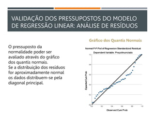 VALIDAÇÃO DOS PRESSUPOSTOS DO MODELO
DE REGRESSÃO LINEAR: ANÁLISE DE RESÍDUOS
O pressuposto da
normalidade poder ser
avaliado através do gráfico
dos quantis normais.
Se a distribuição dos resíduos
for aproximadamente normal
os dados distribuem-se pela
diagonal principal.
 
