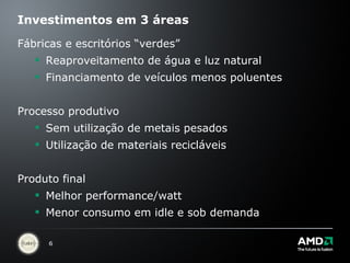 Investimentos em 3 áreas Fábricas e escritórios “verdes” Reaproveitamento de água e luz natural Financiamento de veículos menos poluentes Processo produtivo Sem utilização de metais pesados Utilização de materiais recicláveis Produto final Melhor performance/watt Menor consumo em idle e sob demanda 