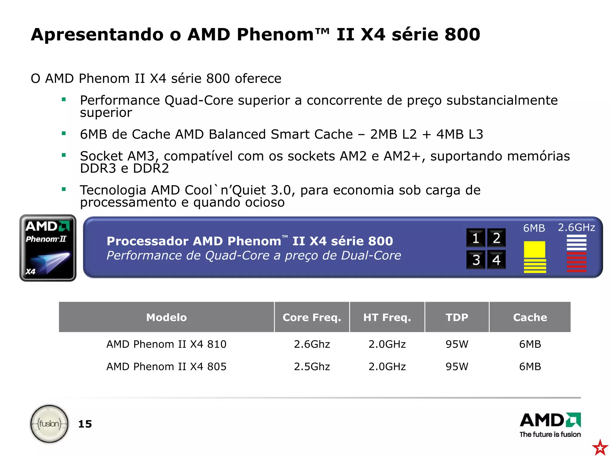Apresentando o AMD Phenom™ II X4 série 800 O AMD Phenom II X4 série 800 oferece Performance Quad-Core superior a concorrente de preço substancialmente superior 6MB de Cache AMD Balanced Smart Cache – 2MB L2 + 4MB L3 Socket AM3, compatível com os sockets AM2 e AM2+, suportando memórias DDR3 e DDR2 Tecnologia AMD Cool`n’Quiet 3.0, para economia sob carga de processamento e quando ocioso 6MB 2.6GHz Modelo Core Freq. HT Freq. TDP Cache AMD Phenom II X4 810 2.6Ghz 2.0GHz 95W 6MB AMD Phenom II X4 805 2.5Ghz 2.0GHz 95W 6MB Processador AMD Phenom ™  II X4 série 800 Performance de Quad-Core a preço de Dual-Core 