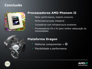 Conclusão Processadores AMD Phenom II Maior performance, mesmo consumo Performance/custo imbatível Compatível com infraestrutura existente Processadores X4 e X3 para melhor adequação às necessidades Plataforma Dragon Melhores componentes =   Flexibilidade e performance 