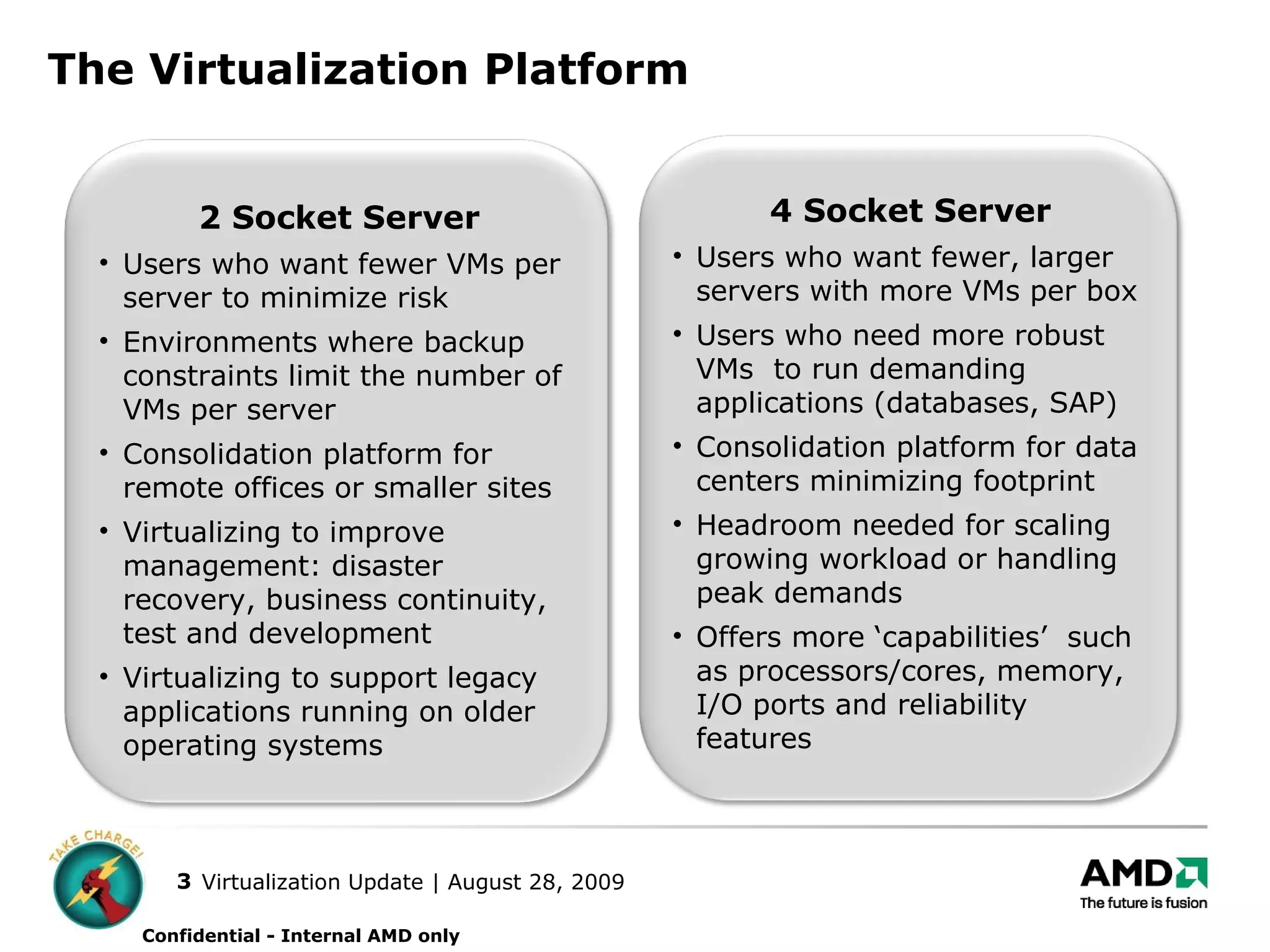 The Virtualization Platform 2 Socket Server Users who want fewer VMs per server to minimize risk  Environments where backup constraints limit the number of VMs per server Consolidation platform for remote offices or smaller sites Virtualizing to improve management: disaster recovery, business continuity, test and development Virtualizing to support legacy applications running on older operating systems 4 Socket Server Users who want fewer, larger servers with more VMs per box  Users who need more robust VMs  to run demanding applications (databases, SAP) Consolidation platform for data centers minimizing footprint Headroom needed for scaling growing workload or handling peak demands Offers more ‘capabilities’  such as processors/cores, memory, I/O ports and reliability features Confidential - Internal AMD only 