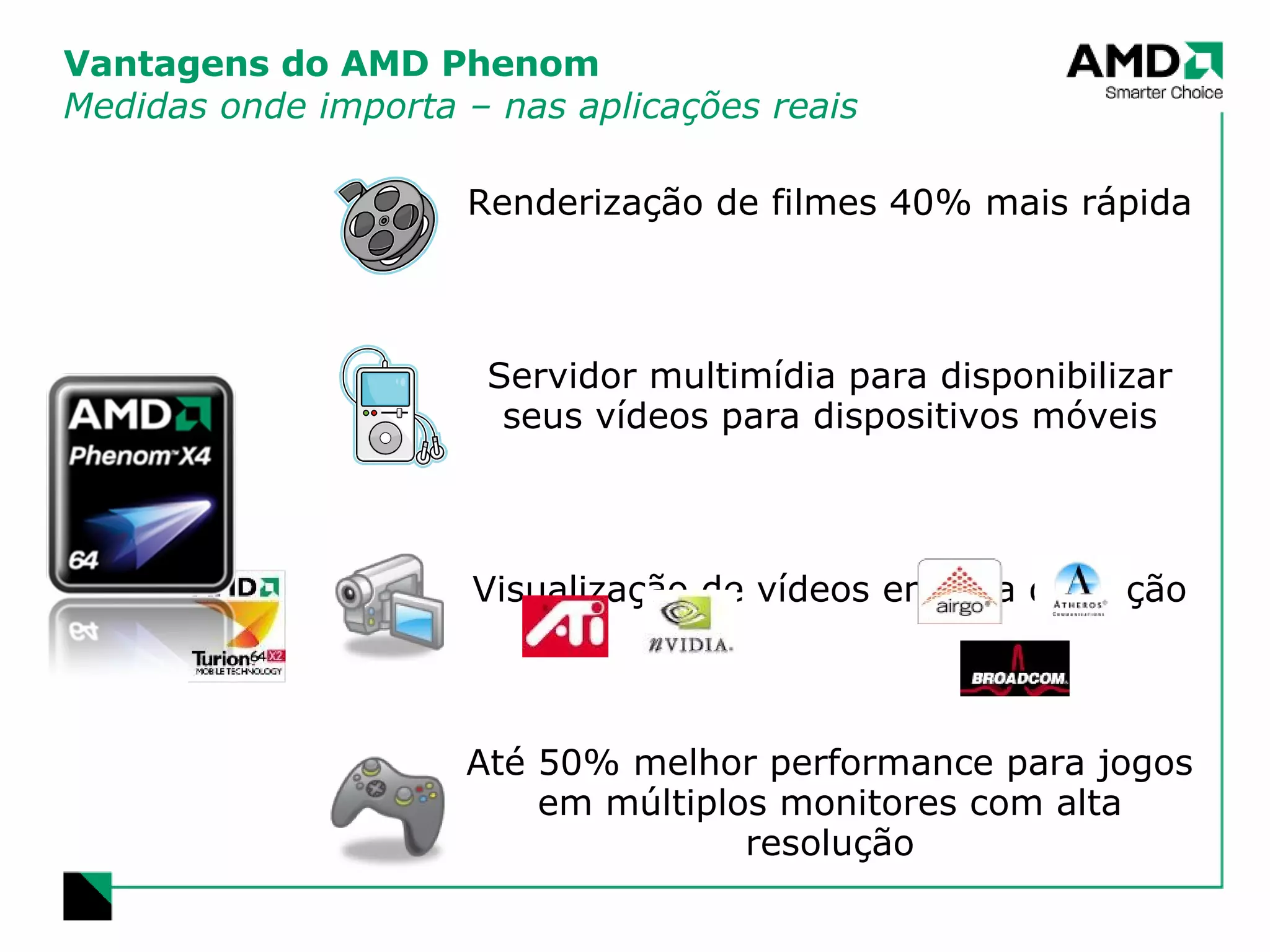 Vantagens do AMD Phenom Medidas onde importa – nas aplicações reais Renderização de filmes 40% mais rápida Servidor multimídia para disponibilizar seus vídeos para dispositivos móveis Visualização de vídeos em alta definição Até 50% melhor performance para jogos em múltiplos monitores com alta resolução 
