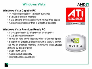 Windows Vista Windows Vista Capable PC “ A modern processor” (at least 800MHz)  512 MB of system memory  4 GB of hard drive capacity with 15 GB free space A graphics processor that is  DirectX 9  capable Windows Vista Premium Ready PC 1 GHz processor 32-bit (x86) or 64-bit (x64)  1 GB of system memory 15 GB of hard drive capacity with 15 GB free space  Support for  DirectX 9  graphics with a WDDM driver, 128 MB of graphics memory (minimum),  Pixel Shader 2.0  and 32 bits per pixel  DVD-ROM Drive  Audio output capability Internet access capability 