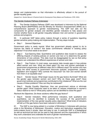 16 
design and implementation so that information is effectively utilized in the pursuit of 
gender equality goals. 
Adapted from: Gender Manual: A Practical Guide for Development Policy Makers and Practitioners. DFID, 2002) 
The Gender Analysis Pathway (Indonesia) 
59. The Gender Analysis Pathway (GAP) was developed in Indonesia by the National 
Planning Board (BAPPENAS) and the Ministry for Women’s Empowerment (MWE) as a 
comprehensive approach to gender mainstreaming. The GAP tool sets out the 
components for gender analysis and identifies gender indicators to help assess and 
monitor whether there is still gender inequality between men and women in government 
policies and programs. 
60. In particular GAP takes policy makers through a series of questions regarding 
gender-sensitive policy-making and implementation. The key steps include: 
• Step 1 General Objectives. 
Government policy is rarely neutral. What has government already agreed to do to 
improve the status of women? Are these commitments reflected in existing policy 
objectives? If not what needs to be done? 
• Step 2 Eye-Opening Data: Quantitative and qualitative data reused to assess the 
differing impacts of existing policies on women and men or to determine the gender 
dimensions of new policies. This data must be disaggregated by sex so that policy 
makers can understand the different experiences of women and men 
• Step 3 Gap Factors: In most cases, eye-opener data reveals gaps in how policies 
affect women and men. What are these gaps? Do men and women participate in 
government programmes at different rates and in different ways? Do women and men 
enjoy the same access to government resources (policies, programmes, projects, 
legislation and budgets)? Who controls the resources? Do men and women benefit 
from them in an equitable way? 
• Step 4 Gender Issues: What larger issues do the gap factors illuminate? What are 
the gender gaps between women and men? Why do these gaps exist? Have 
government policies and programmes contributed to this imbalance? What are the root 
causes of these problems? How can they be redressed? 
• Step 5 Gender Equality Objectives: How can government reduce or eliminate 
gender gaps? What measures need to be taken to redress imbalances in women’s 
status relative to men’s? What policy options can be identified to close the gaps? 
Recheck the Objectives. Do these solutions reflect the gap factors? 
• Step 6 Gender Indicators: What performance indicators, both qualitative and 
quantitative, can be identified to evaluate the success of the government’s 
implementation of the new gender equality policy objectives? What kinds of indicators 
will tell us if the gap factors have been reduced or eliminated? 
61. The GAP is now being piloted in a number of Ministries in Indonesia with previous 
pilots in the Ministries of Manpower, Education, Justice and Agriculture suggesting that 
policy-makers found it simple, clear and easy to use. In particular GAP is a pedagogical 
as well as technical tool that can be used to help planners and the organizations in which 
they work understand and undertake the work of gender mainstreaming. 
Source: Accelerating Change. Resources for Gender Mainstreaming. CIDA, 2000 
 