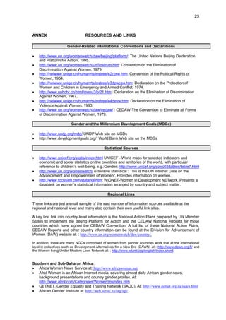 23 
ANNEX RESOURCES AND LINKS 
Gender-Related International Conventions and Declarations 
• http://www.un.org/womenwatch/daw/beijing/platform/: The United Nations Beijing Declaration 
and Platform for Action, 1995. 
• http://www.un.org/womenwatch/un/iinstrum.htm: Convention on the Elimination of 
Discrimination Against Women, 1979. 
• http://heiwww.unige.ch/humanrts/instree/e2cprw.htm: Convention of the Political Rights of 
Women, 1954. 
• http://heiwww.unige.ch/humanrts/instree/e3dpwcea.htm: Declaration on the Protection of 
Women and Children in Emergency and Armed Conflict, 1974. 
• http://www.unhchr.ch/html/menu3/b/21.htm : Declaration on the Elimination of Discrimination 
Against Women, 1967. 
• http://heiwww.unige.ch/humanrts/instree/e4devw.htm: Declaration on the Elimination of 
Violence Against Women, 1993. 
• http://www.un.org/womenwatch/daw/cedaw/ : CEDAW-The Convention to Eliminate all Forms 
of Discrimination Against Women, 1979. 
Gender and the Millennium Development Goals (MDGs) 
• http://www.undp.org/mdg/ UNDP Web site on MGDs 
• http://www.developmentgoals.org/ World Bank Web site on the MDGs 
Statistical Sources 
• http://www.unicef.org/statis/index.html UNICEF - World maps for selected indicators and 
economic and social statistics on the countries and territories of the world, with particular 
reference to children’s well-being. e.g.:Gender: http://www.unicef.org/sowc03/tables/table7.html 
• http://www.un.org/womenwatch/ extensive statistical : This is the UN Internet Gate on the 
Advancement and Empowerment of Women". Provides information on women. 
• http://www.focusintl.com/statangl.htm: WIDNET-Women in Development NETwork. Presents a 
databank on women’s statistical information arranged by country and subject matter. 
Regional Links 
These links are just a small sample of the vast number of information sources available at the 
regional and national level and many also contain their own useful link sites. 
A key first link into country level information is the National Action Plans prepared by UN Member 
States to implement the Beijing Platform for Action and the CEDAW National Reports for those 
countries which have signed the CEDAW Convention. A full list of these National Action Plans, 
CEDAW Reports and other country information can be found at the Division for Advancement of 
Women (DAW) website at: : http://www.un.org/womenwatch/daw/country/. 
In addition, there are many NGOs comprised of women from partner countries work that at the international 
level in collectives such as Development Alternatives for a New Era (DAWN) at : http://www.dawn.org.fj/ and 
the Women living Under Moslem Laws Network at: : http://www.wluml.org/english/index.shtml. 
Southern and Sub-Saharan Africa: 
• Africa Women News Service at: http://www.africawoman.net/ 
• Afrol Women is an African Internet media, covering almost daily African gender news, 
background presentations and country gender profiles. At: 
http://www.afrol.com/Categories/Women/msindex.htm 
• GETNET. Gender Equality and Training Network (SADC). At: http://www.getnet.org.za/index.html 
• African Gender Institute at: http://web.uct.ac.za/org/agi/ 
 