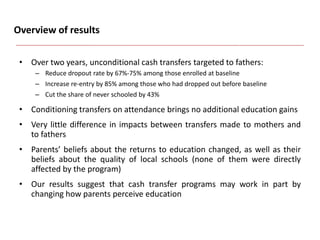 Overview of results
• Over two years, unconditional cash transfers targeted to fathers:
– Reduce dropout rate by 67%-75% among those enrolled at baseline
– Increase re-entry by 85% among those who had dropped out before baseline
– Cut the share of never schooled by 43%
• Conditioning transfers on attendance brings no additional education gains
• Very little difference in impacts between transfers made to mothers and
to fathers
• Parents’ beliefs about the returns to education changed, as well as their
beliefs about the quality of local schools (none of them were directly
affected by the program)
• Our results suggest that cash transfer programs may work in part by
changing how parents perceive education
 