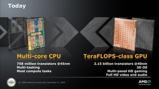 Today




  Multi-core CPU                                     TeraFLOPS-class GPU
  758 million transistors @45nm                         2.15 billion transistors @40nm
  Multi-tasking                                                                   3D OS
  Most compute tasks                                            Multi-panel HD gaming
                                                               Full HD video and audio

  3 | AMD Financial Analyst Day| November 11, 2009
 