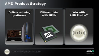 AMD Product Strategy

 Deliver winning                                  Differentiate    Win with
    platforms                                      with GPUs      AMD Fusion™




   7 | AMD Financial Analyst Day| November 11, 2009
 