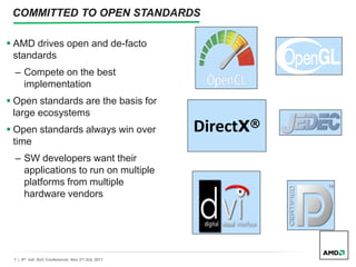 7 | 9th Intl. SoC Conference| Nov 2nd,3rd, 2011
COMMITTED TO OPEN STANDARDS
 AMD drives open and de-facto
standards
– Compete on the best
implementation
 Open standards are the basis for
large ecosystems
 Open standards always win over
time
– SW developers want their
applications to run on multiple
platforms from multiple
hardware vendors
DirectX®
 